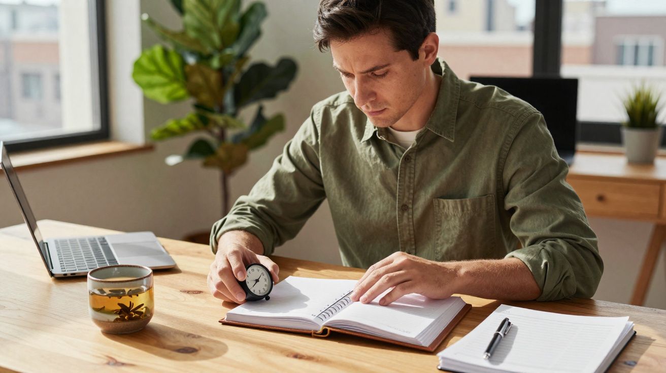Homem sentado à mesa com reloginho, organizando agenda, com laptop e chá ao lado em ambiente iluminado.
