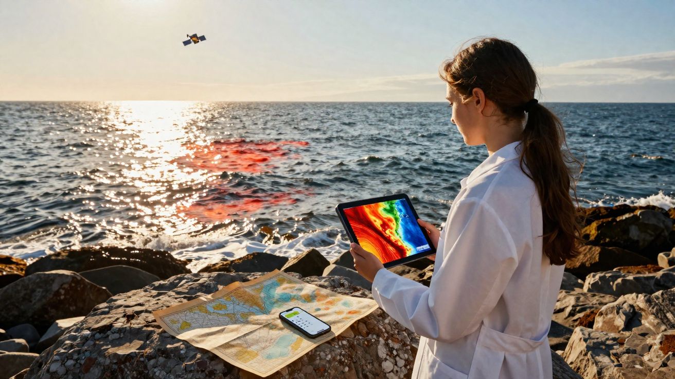 Mulher com jaleco branco usa tablet para analisar dados geográficos perto do mar ao pôr do sol.