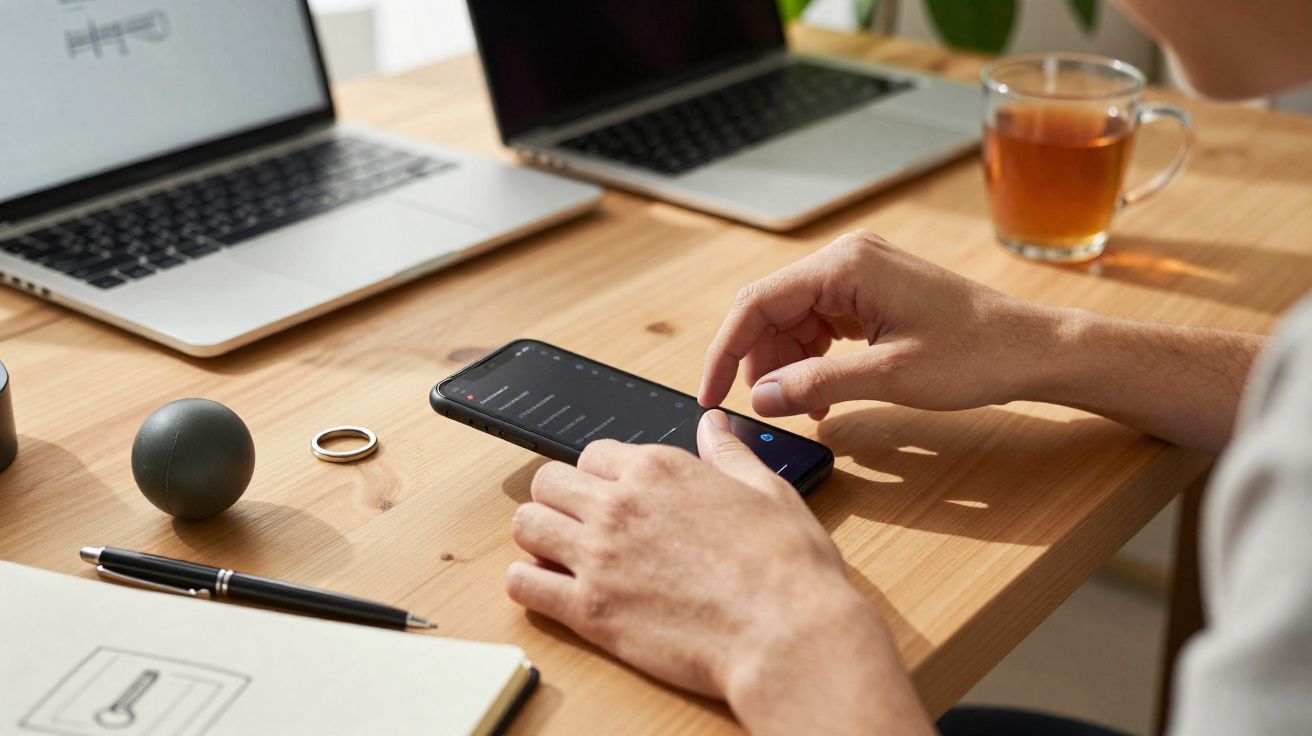 Pessoa usando smartphone em mesa de trabalho com dois notebooks, caderno, caneta, bola antistress, anel e xícara de chá.
