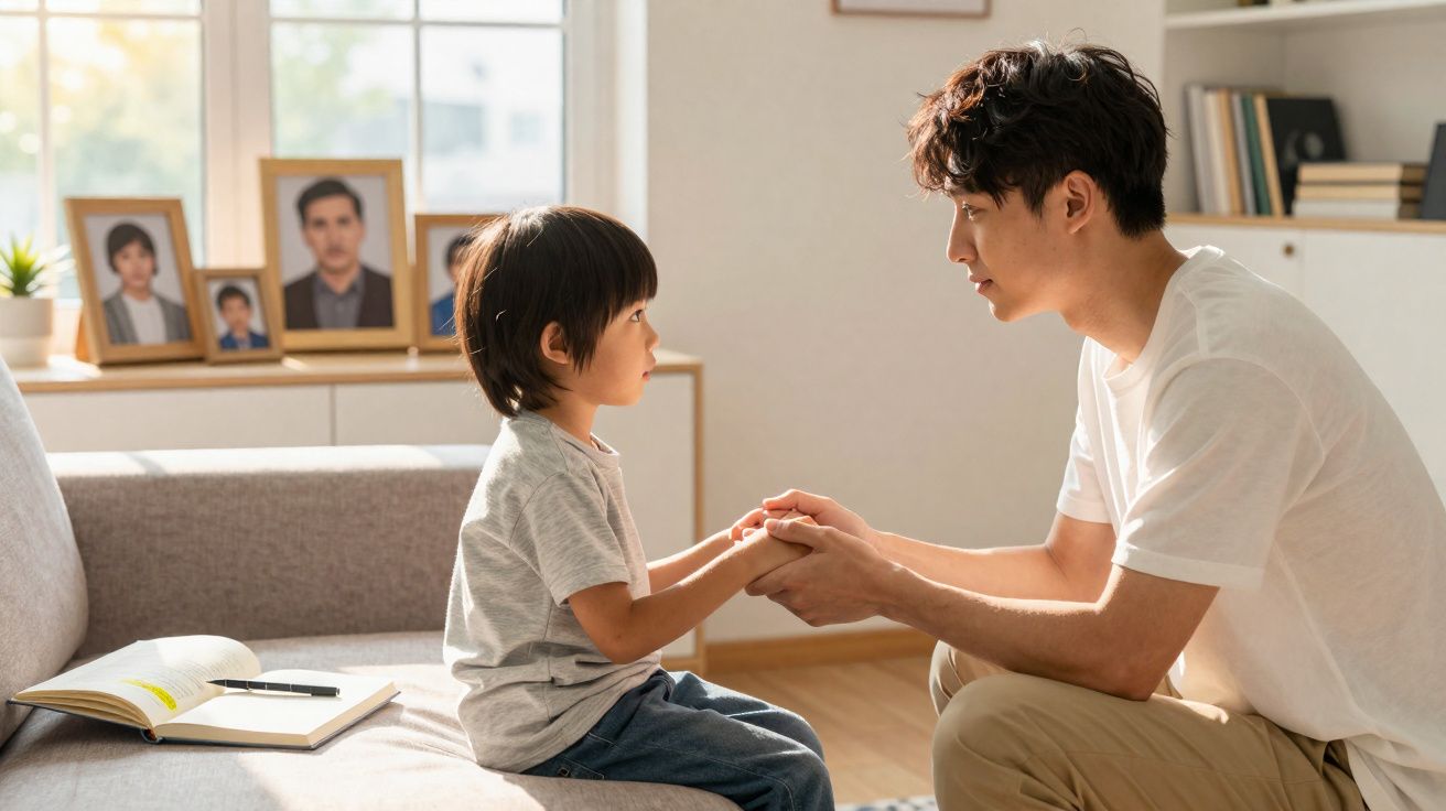 Homem e menino sentados de frente numa sala, segurando as mãos e olhando nos olhos um do outro.