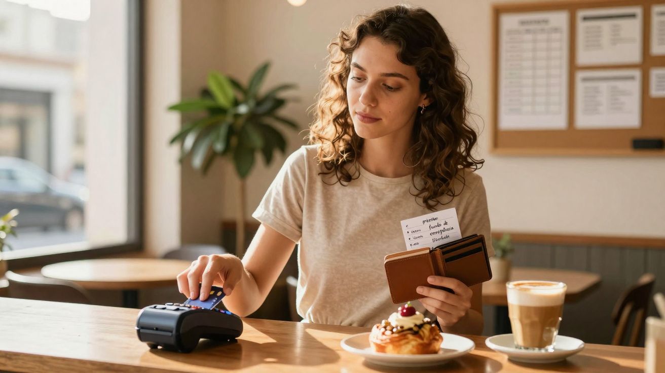 Mulher pagando com cartão de crédito em cafeteria com sobremesa e café na mesa.