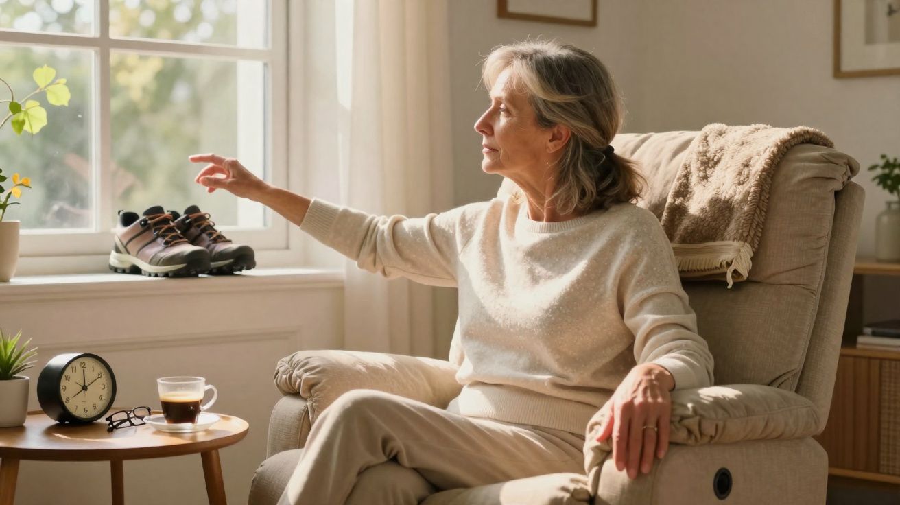 Mulher madura sentada em poltrona, olhando pela janela com expressão pensativa em ambiente iluminado.