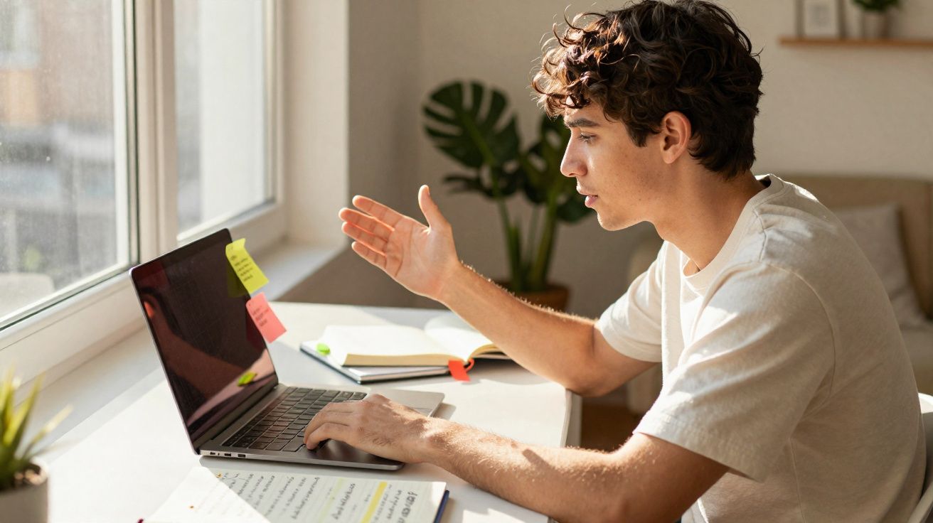 Jovem usando camiseta branca conversa em videoconferência no laptop à mesa perto da janela.