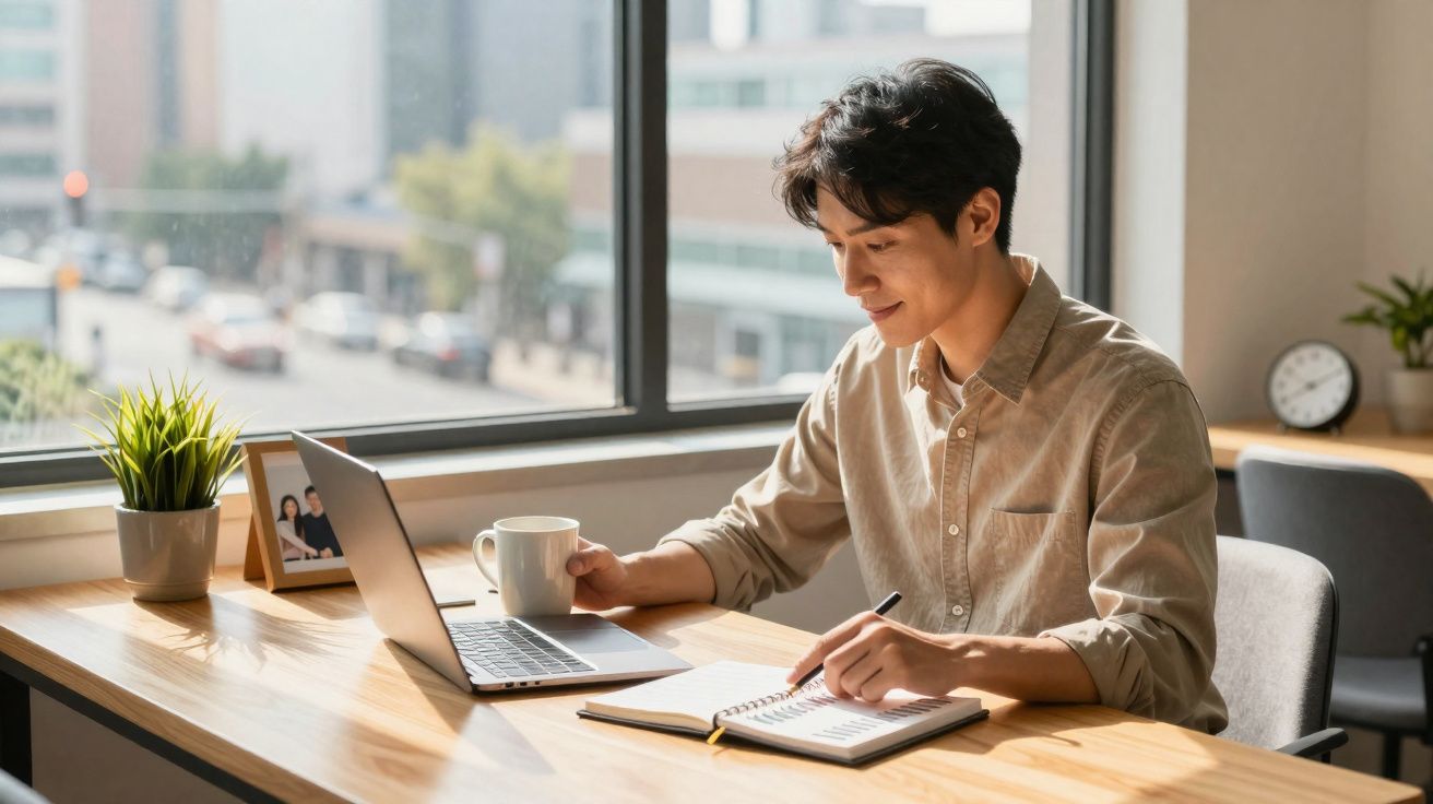 Homem jovem sentado em mesa de madeira, trabalhando no laptop e anotando em caderno, com xícara na mão.