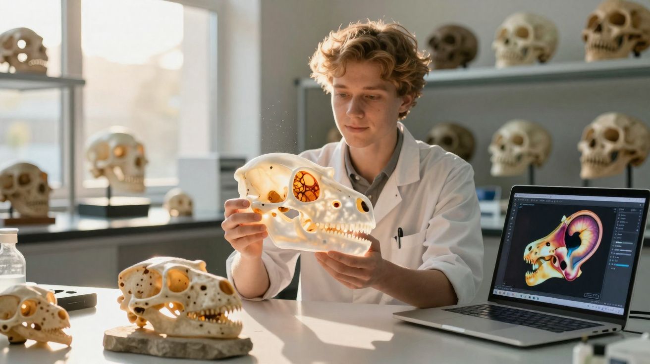 Jovem cientista em laboratório analisando crânio fóssil iluminado com modelos e computador ao fundo.