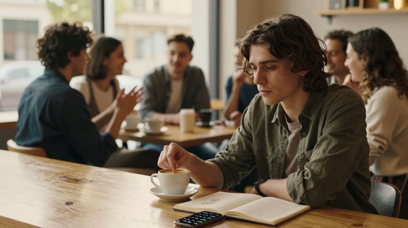 Jovem pensativo mexendo café enquanto está sentado sozinho em café, grupo conversando ao fundo.