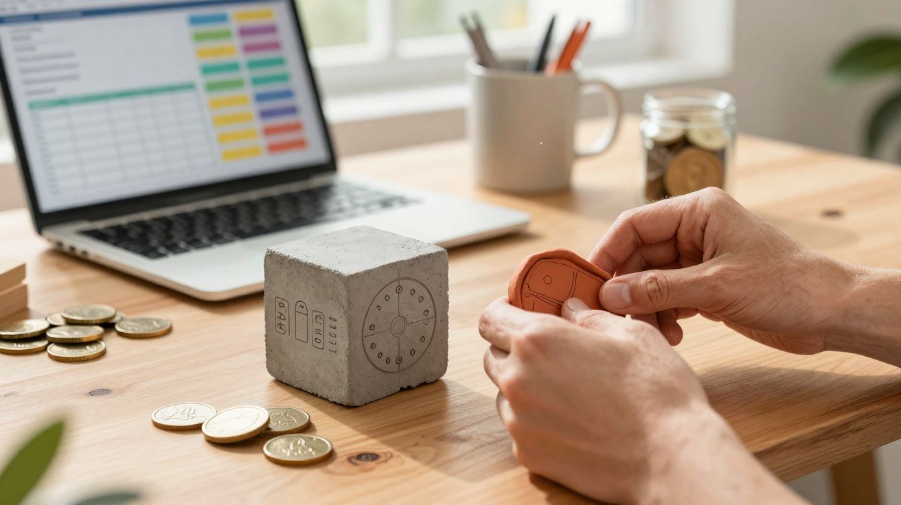 Mãos segurando chaveiro ao lado de cofre, moedas e laptop com planilha colorida em mesa de madeira.