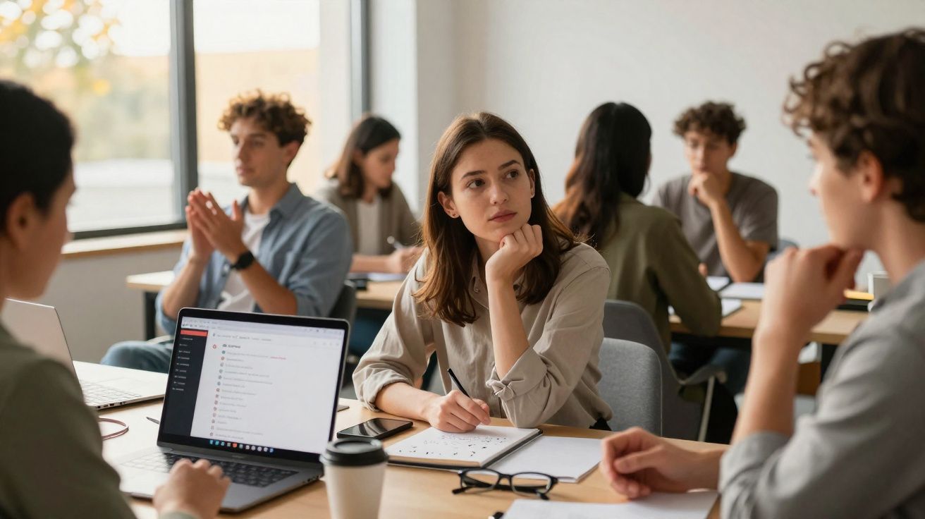Jovens em reunião de trabalho com laptops, anotações e café em ambiente de escritório moderno.