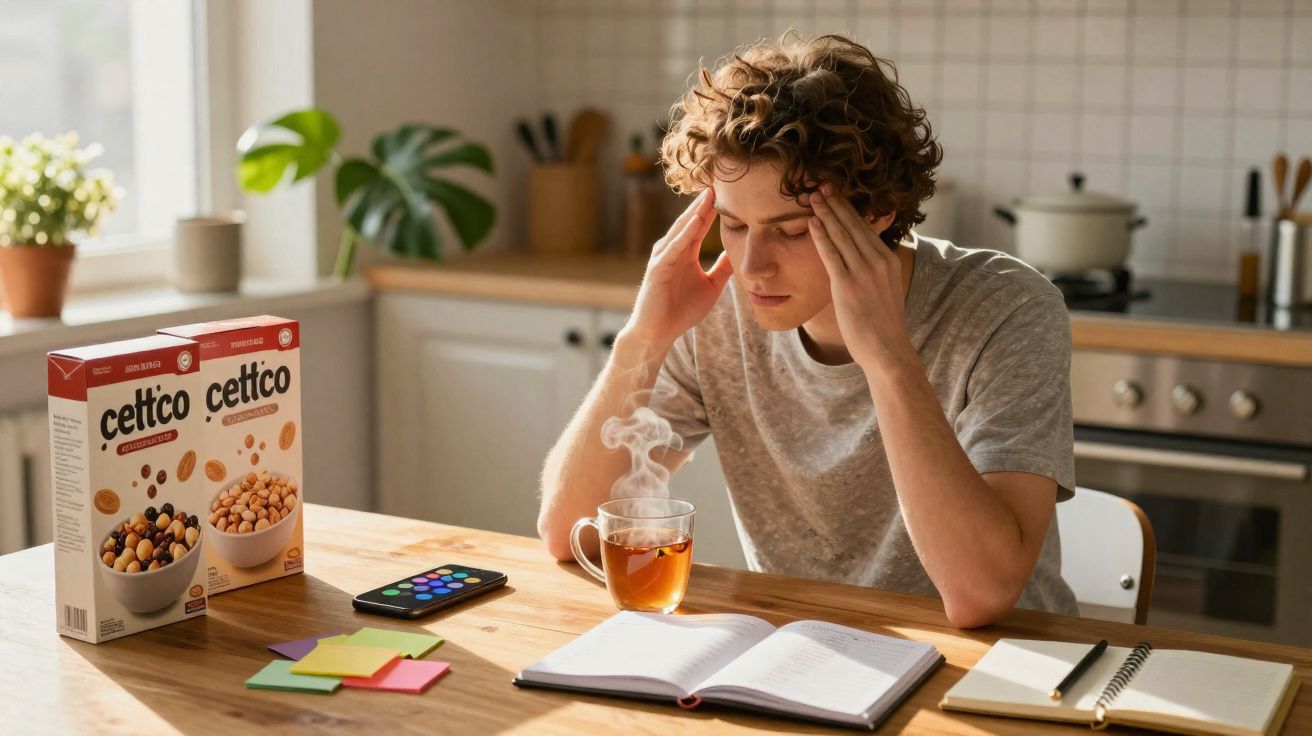 Jovem sentado à mesa da cozinha, com expressão cansada, lendo livro e com chá quente ao lado.