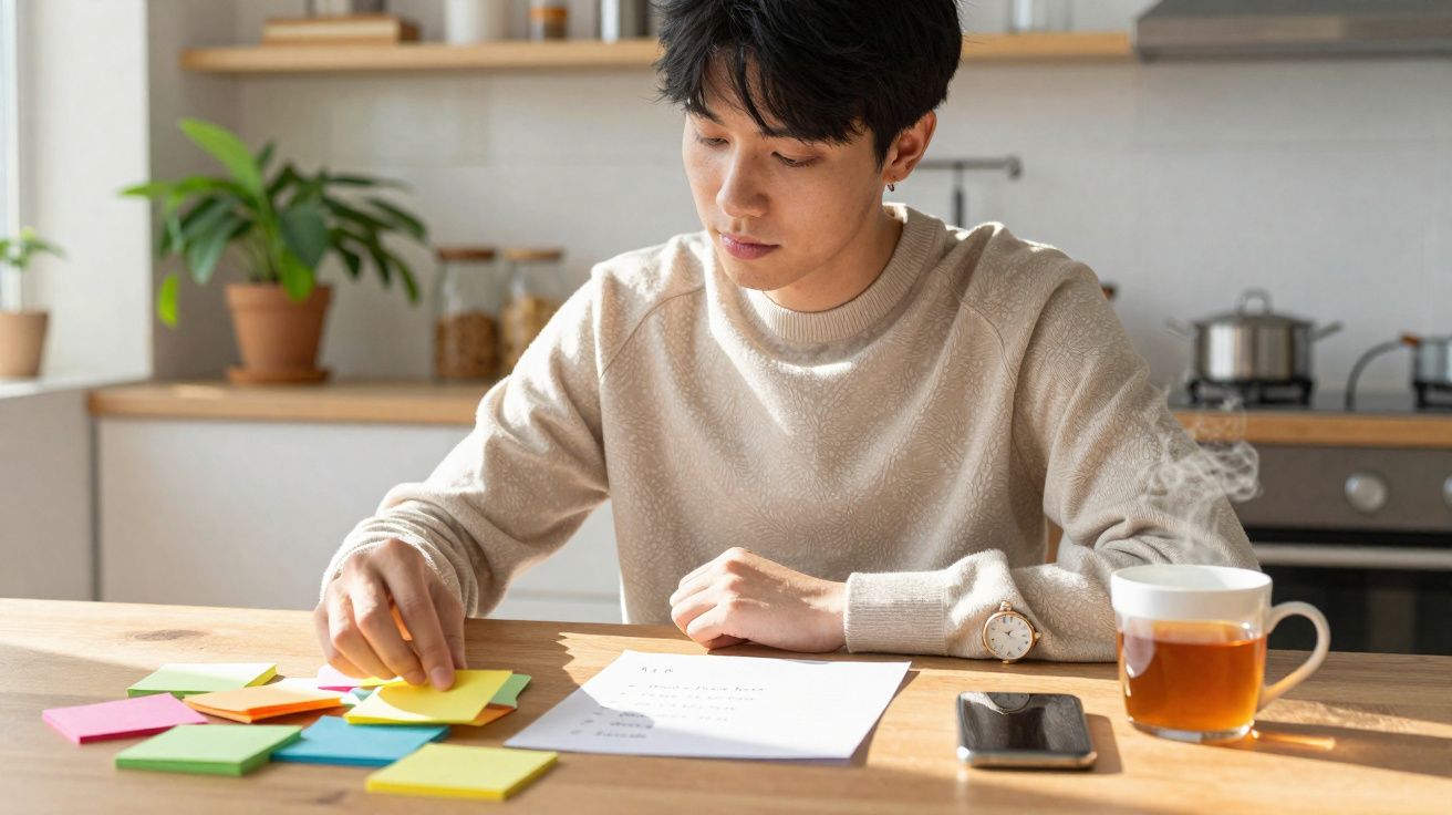 Jovem sentado à mesa organiza post-its coloridos com papel e chá quente ao lado em ambiente de cozinha.