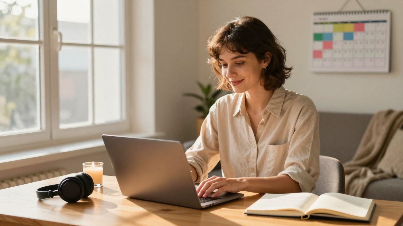 Jovem mulher sorrindo enquanto trabalha em laptop em mesa com fones, vela e livro aberto próxima a janela.