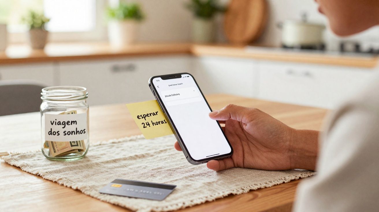Pessoa segurando celular ao lado de pote com dinheiro e bilhete "viagem dos sonhos" na mesa da cozinha.