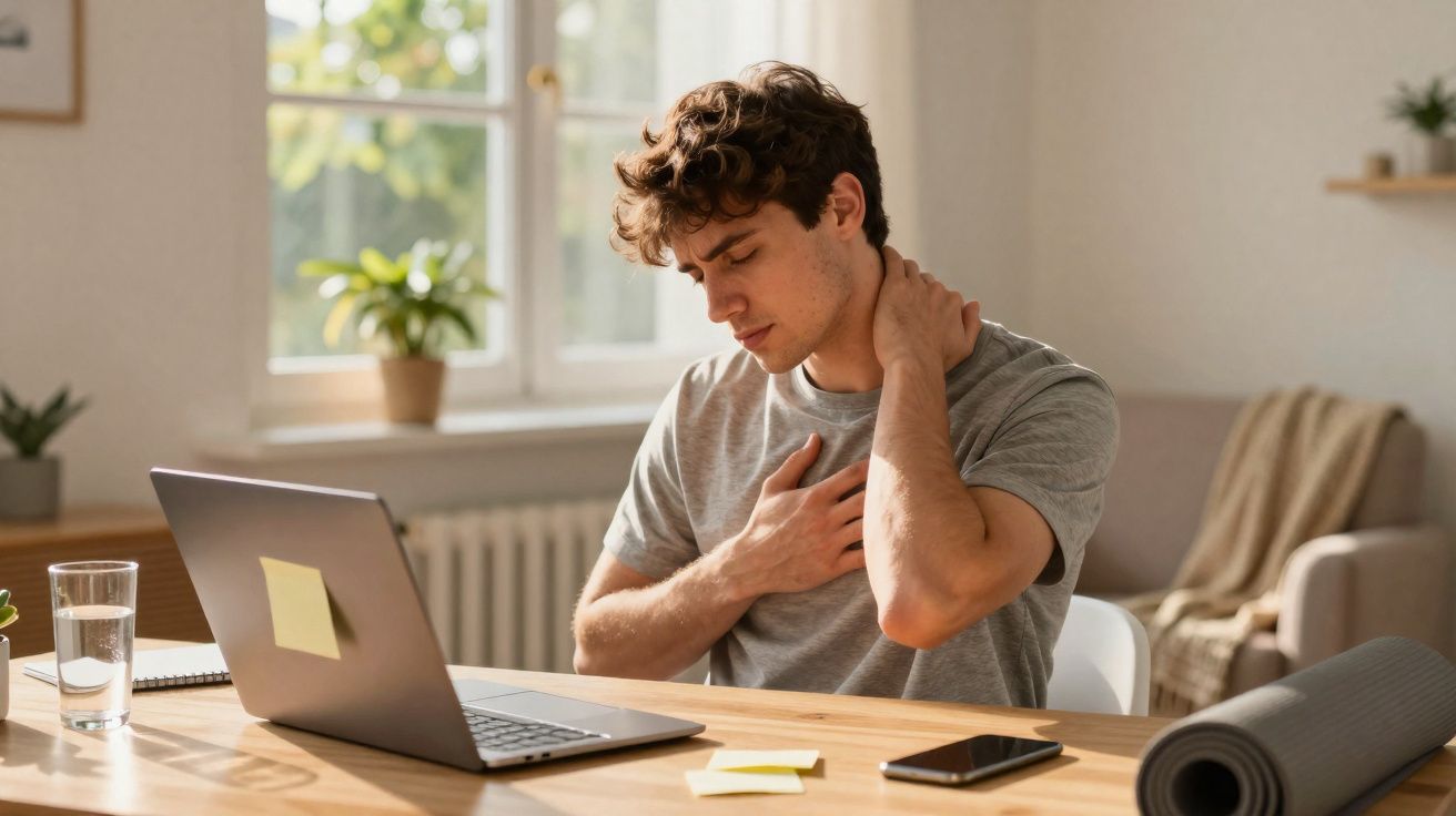 Jovem sentado em mesa com laptop sentindo dor no pescoço e no peito em ambiente iluminado pela luz natural.