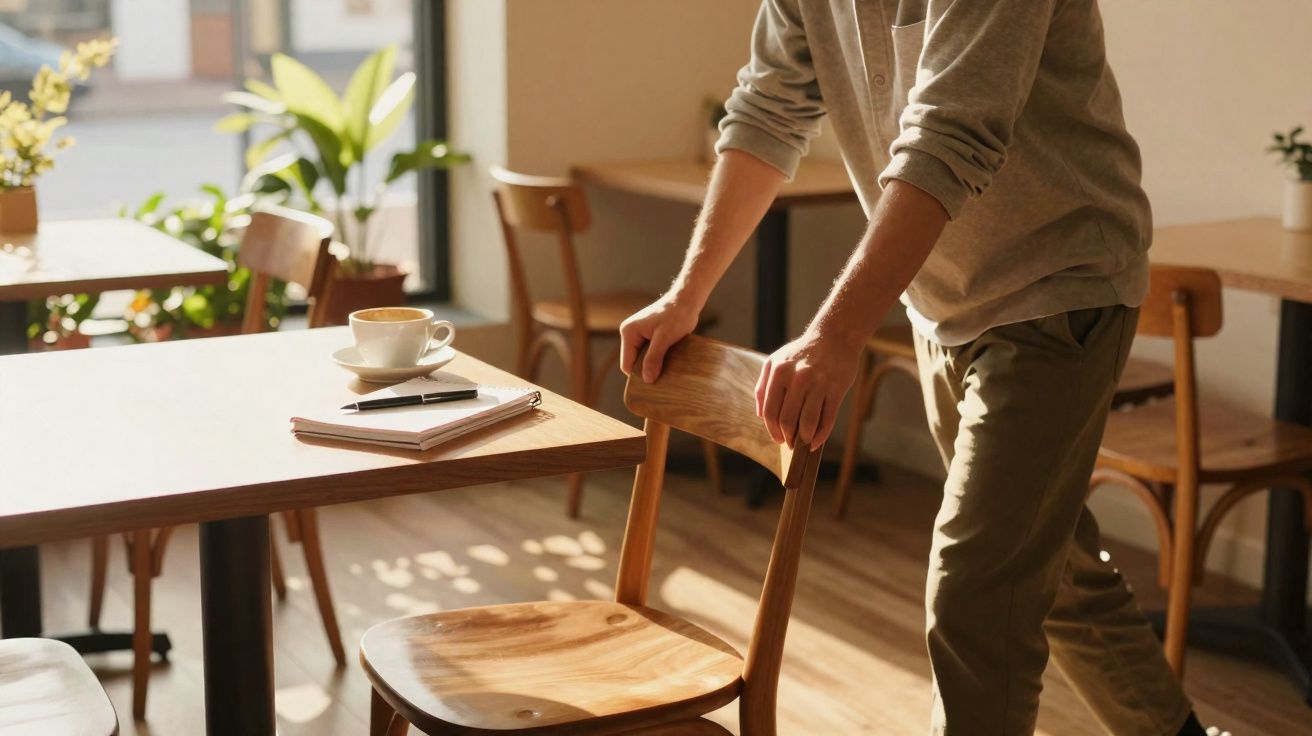 Pessoa segurando uma cadeira de madeira em um café com mesa, xícara de café e caderno ao fundo.