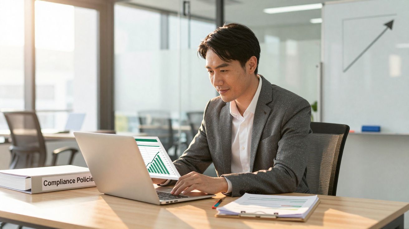 Homem de terno mexe em notebook e segura gráfico em escritório moderno com gráficos ao fundo.