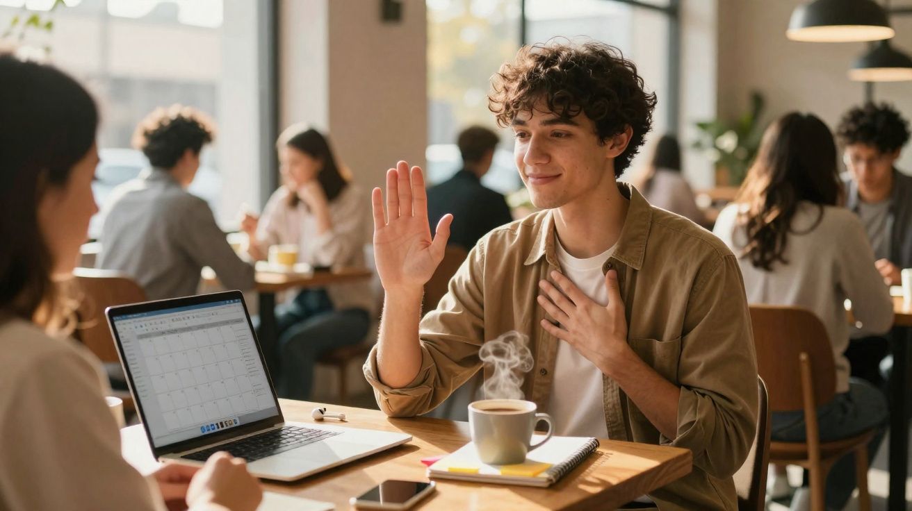 Jovem sorridente cumprimenta pessoa em café com laptop na mesa e xícara de café fumegante.