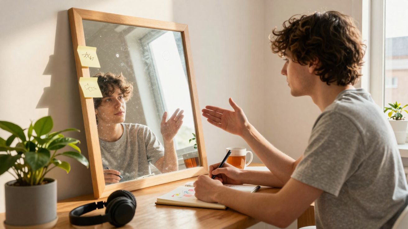 Jovem olhando no espelho, sentado à mesa com caderno, caneta, fones de ouvido e plantas ao redor.
