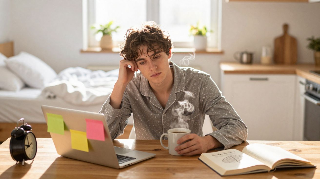 Jovem de pijama sentado à mesa com laptop, segurando café quente e olhando pensativo em ambiente iluminado.
