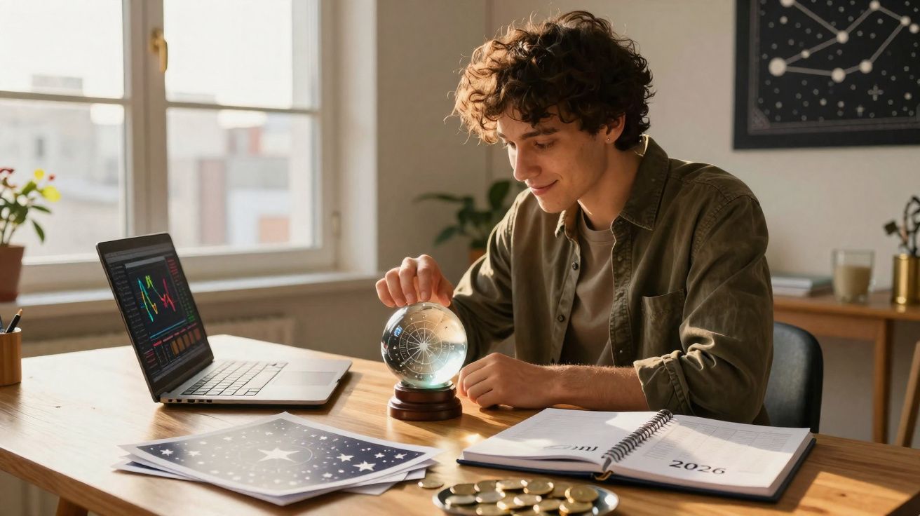 Jovem estudando astrologia com globo celeste, laptop, livros e gráficos em mesa iluminada pela luz natural.