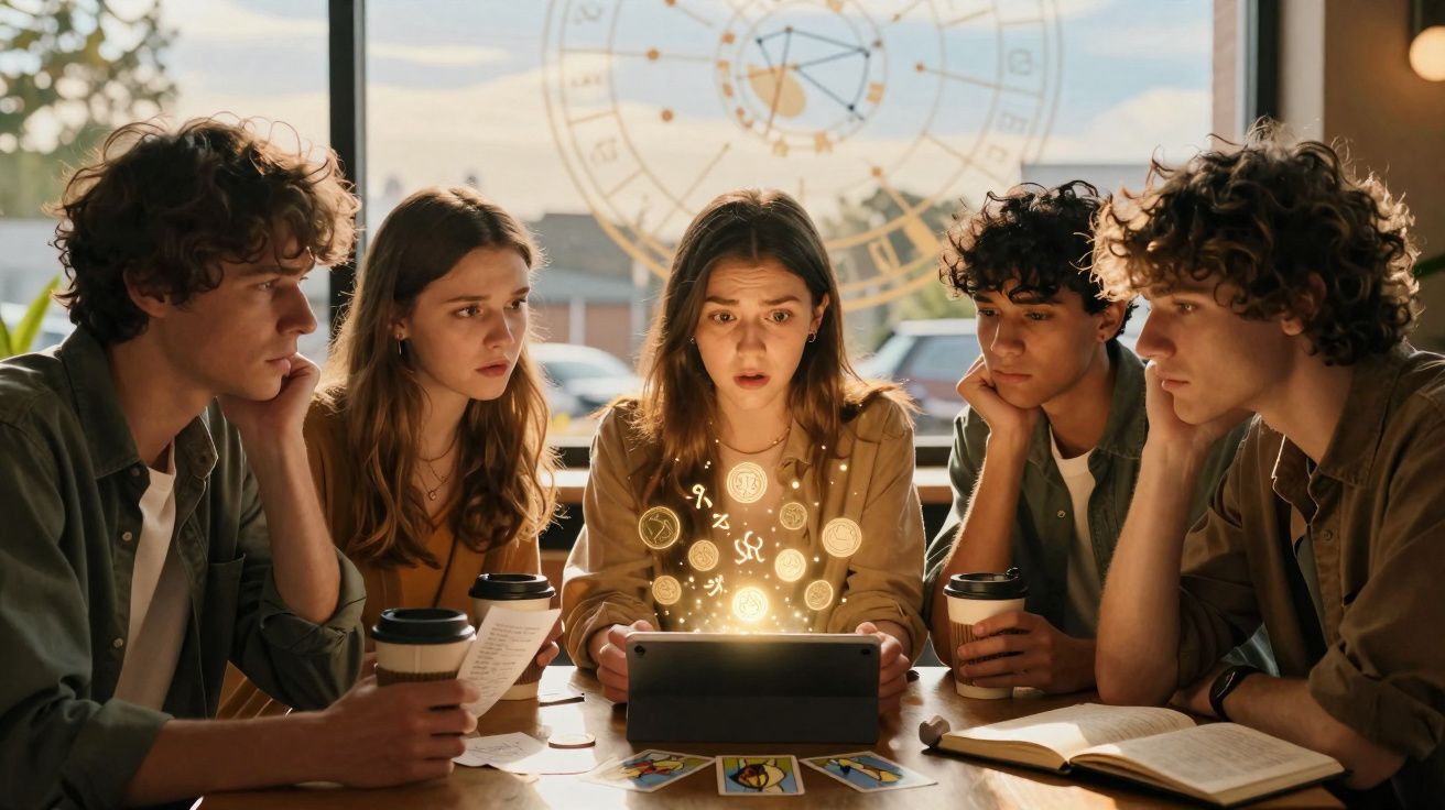 Grupo de jovens intrigados olhando para tablet com símbolos místicos flutuando em café.