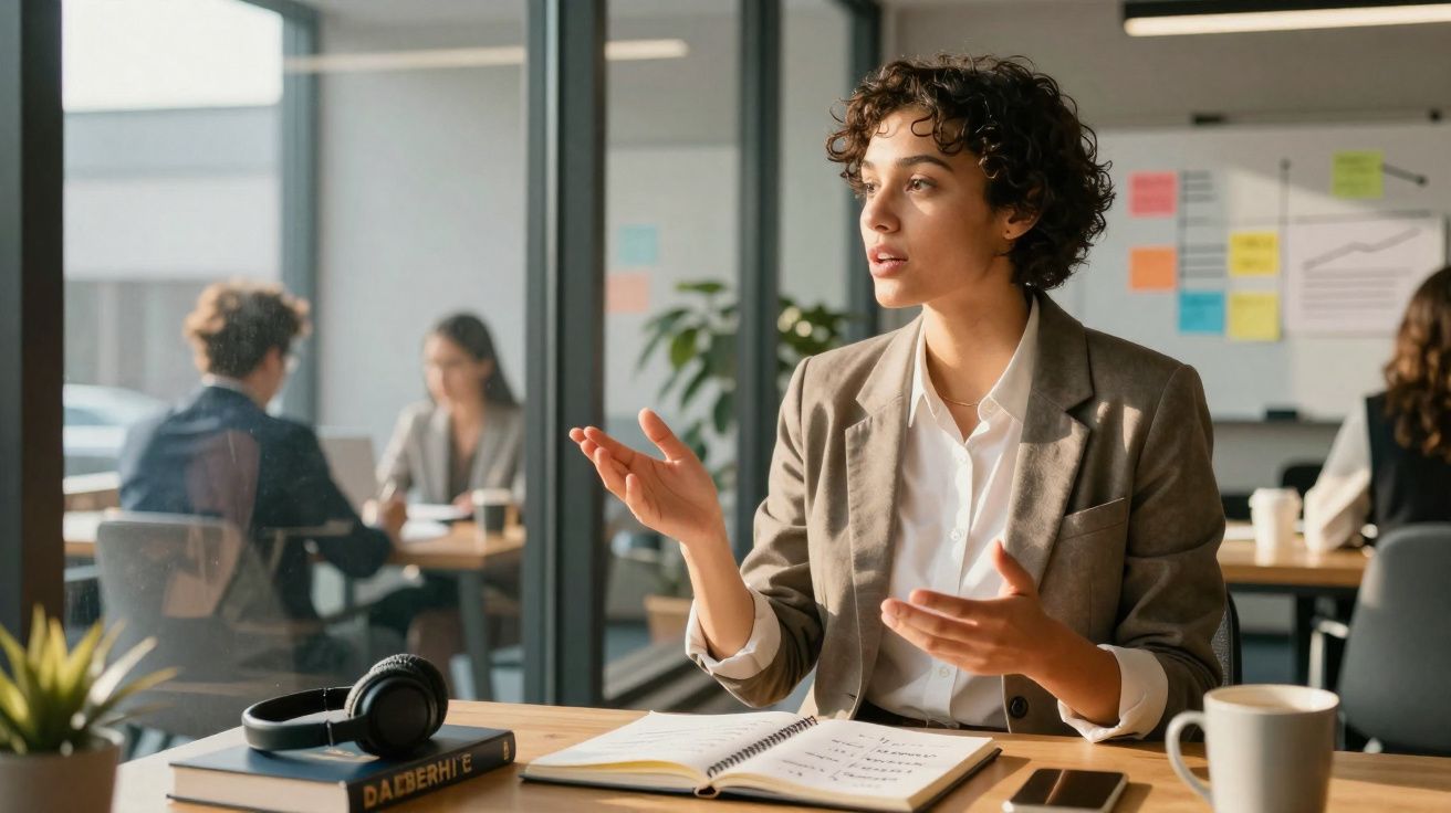 Mulher de cabelo curto conversando em reunião de trabalho com anotações e café na mesa do escritório moderno.