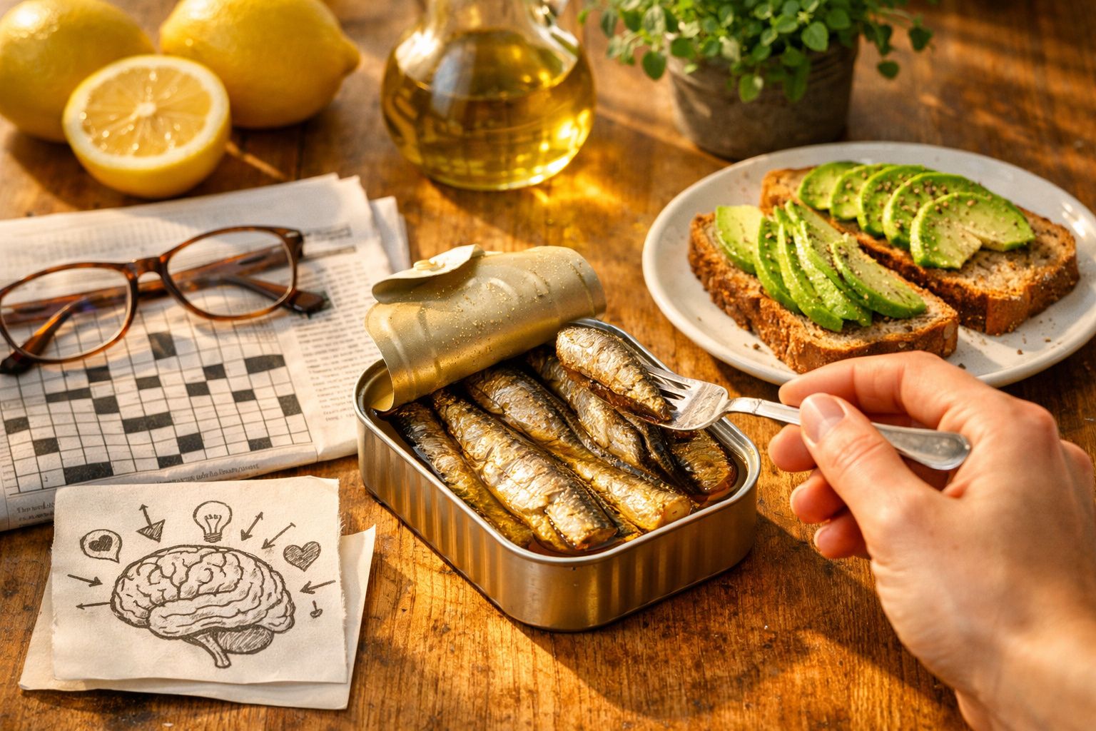 Mão pegando sardinha em lata, ao lado de torradas com abacate e um jornal com palavras cruzadas.