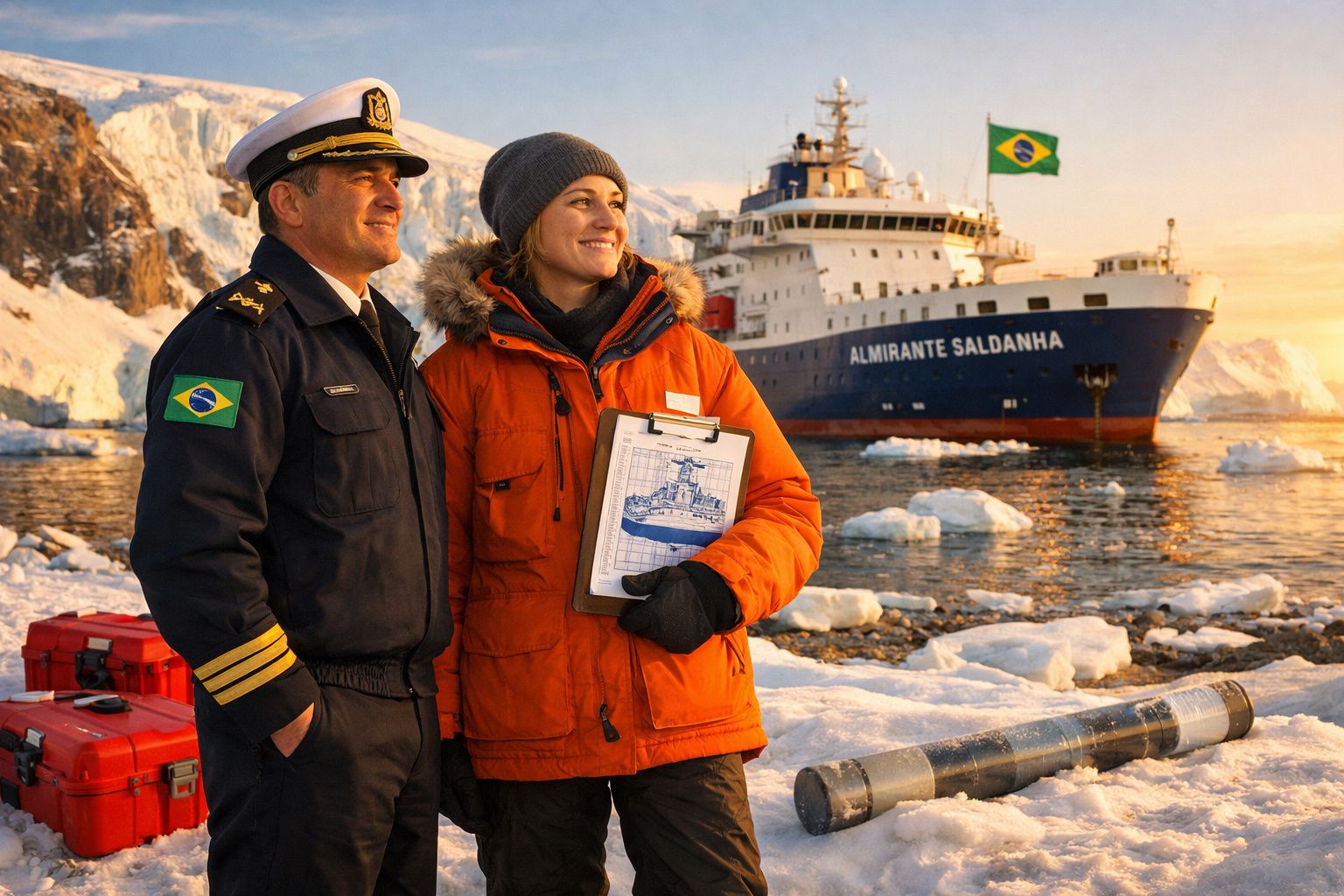 Dois profissionais em roupas de frio, com navio Almirante Saldanha e paisagem polar ao fundo.