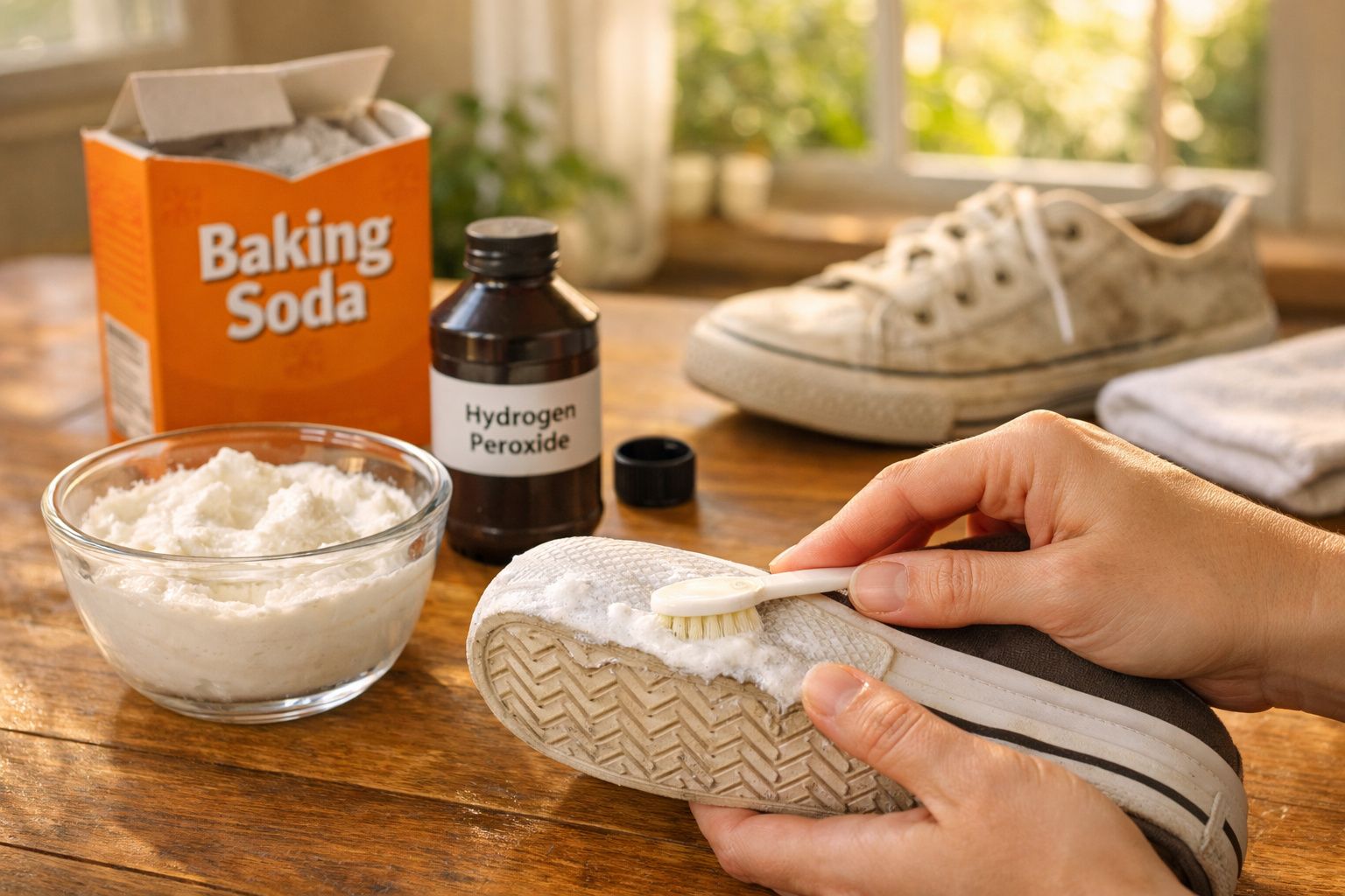Mãos limpando a sola de um tênis com escova, bicarbonato e água oxigenada ao fundo.