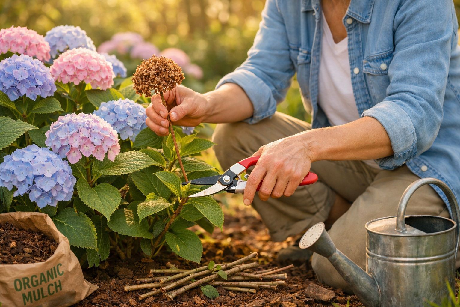 Pessoa com tesoura de poda cortando flor seca em hortênsia colorida em jardim ensolarado, com regador ao lado.