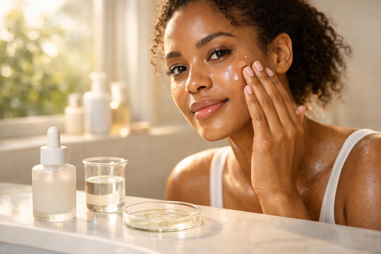 Mulher aplica produto de cuidados com a pele no rosto, ao lado de frascos e recipiente com líquido transparente.