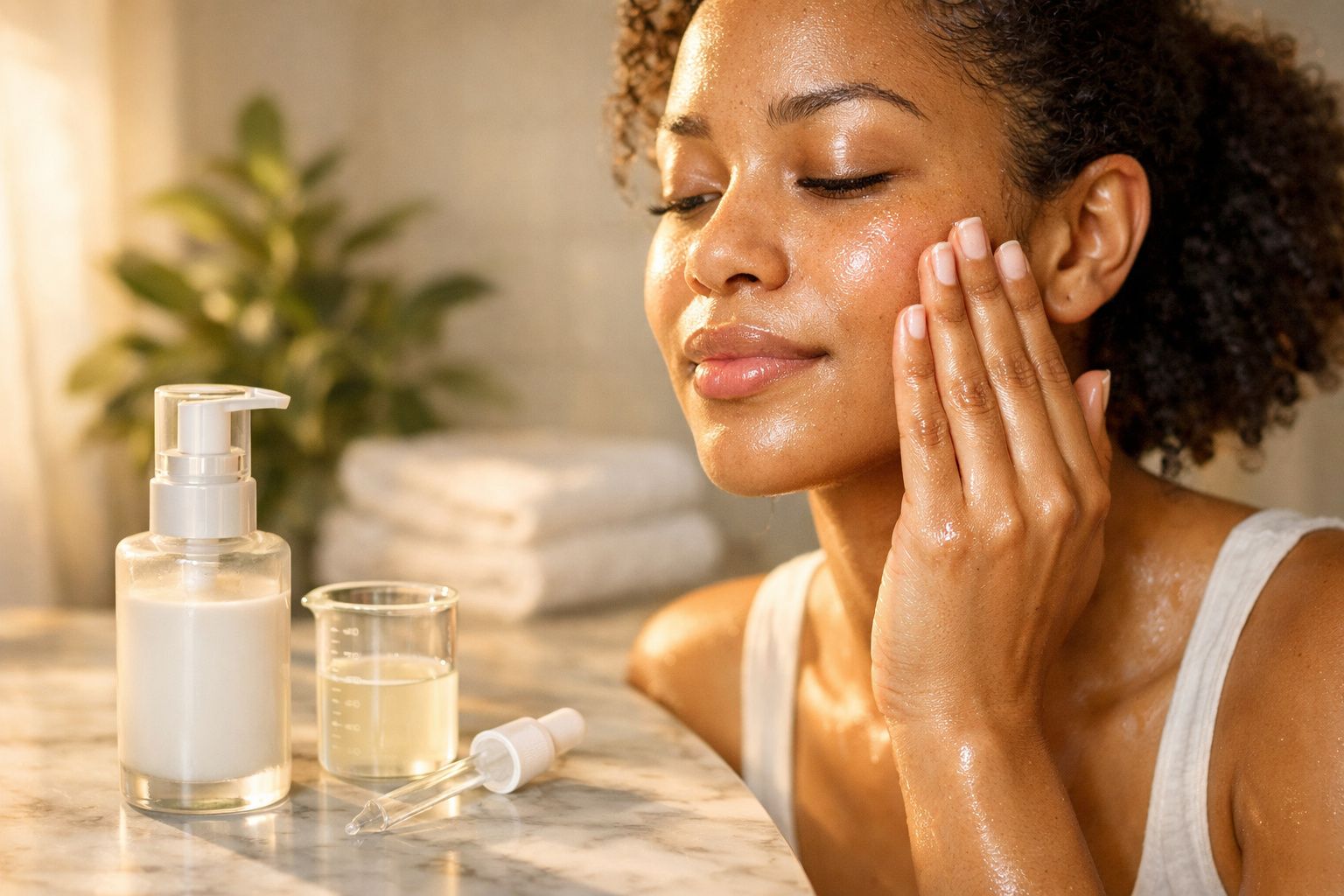 Mulher aplicando creme hidratante no rosto, com frascos de cosméticos sobre a mesa ao lado.