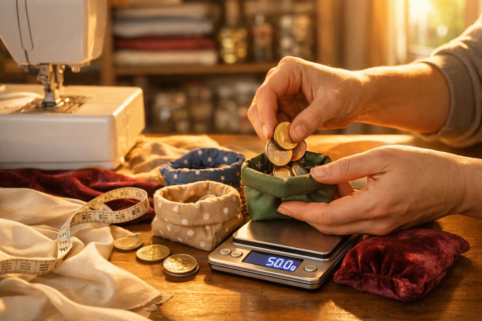 Mãos colocando moedas em um saquinho sobre balança digital, ao lado de máquina de costura e fita métrica.