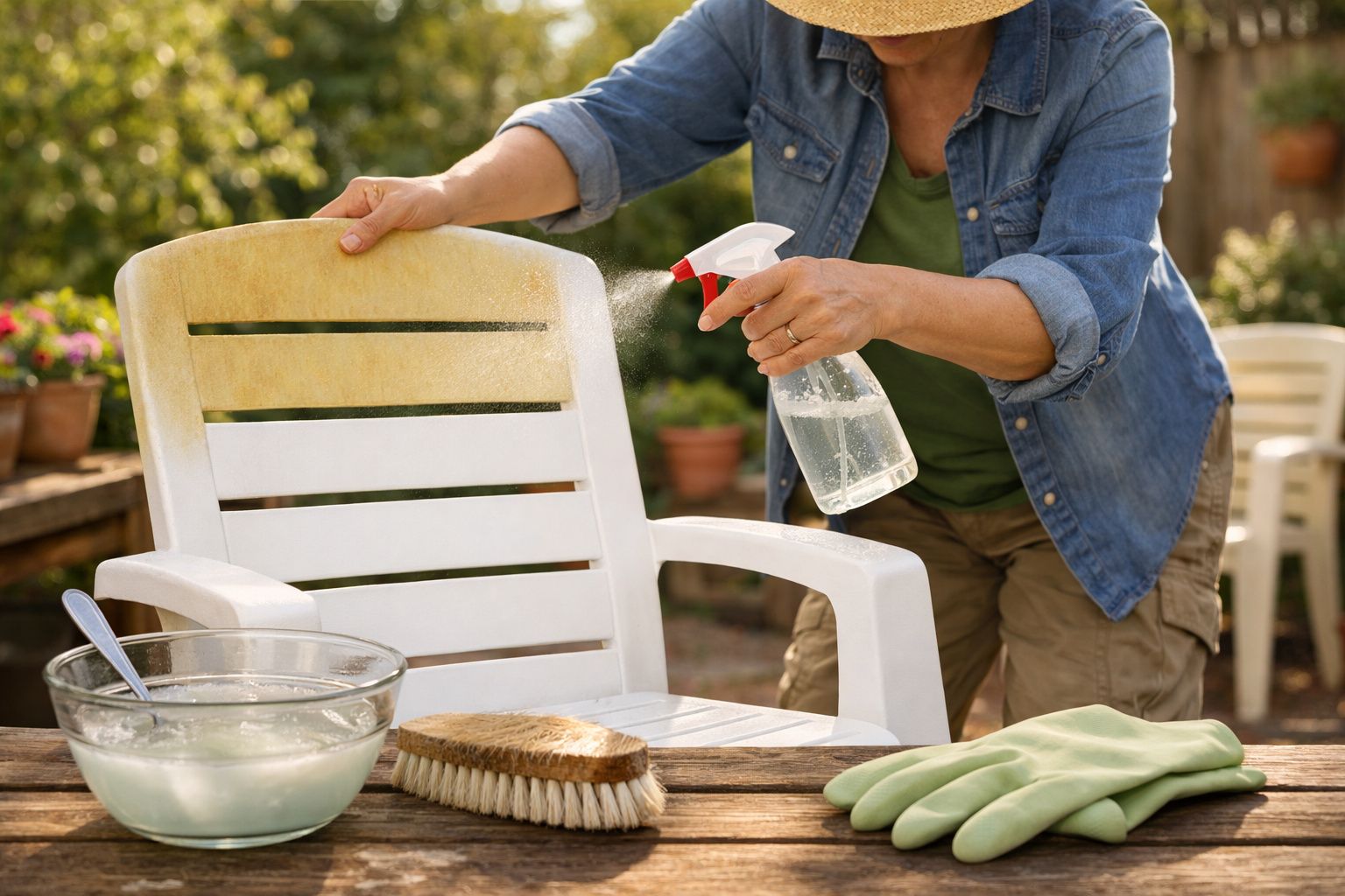 Pessoa limpando cadeira de plástico branco ao ar livre com borrifador e escova, ao lado de luvas e bacia.