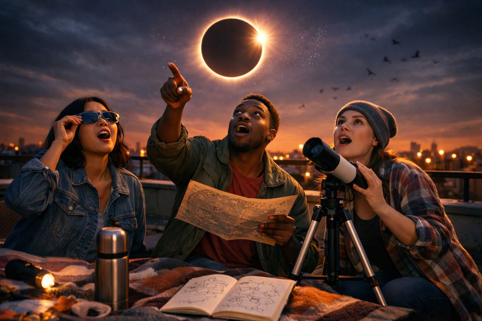 Grupo de amigos observando eclipse solar com mapa e telescópio ao entardecer na cidade.