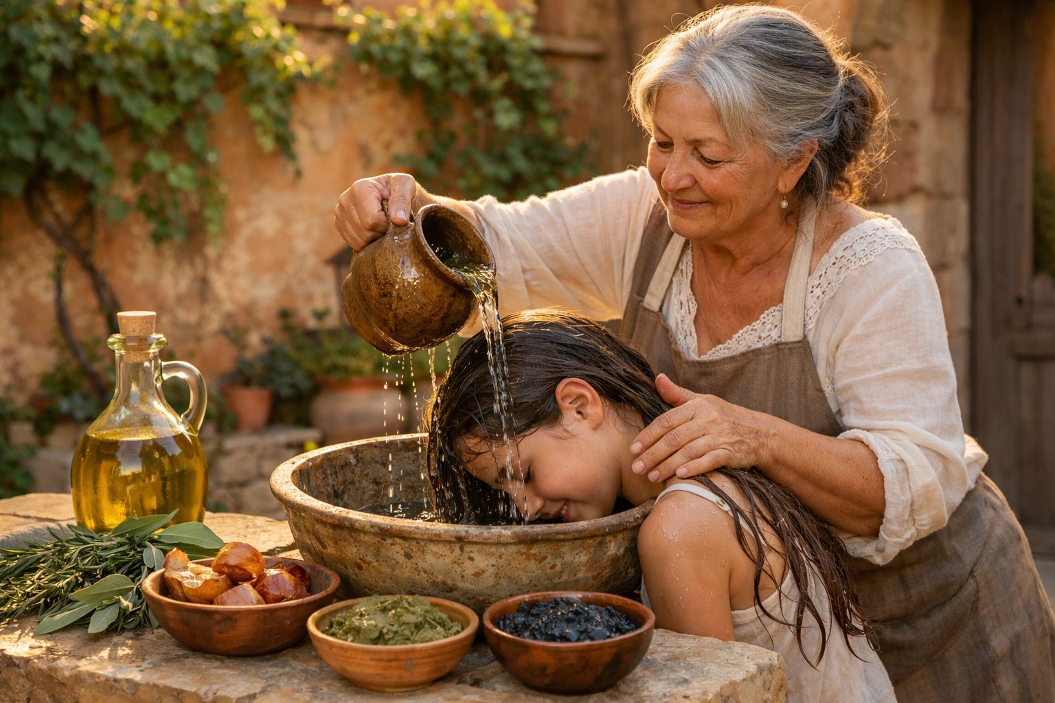 Mulher idosa lava o cabelo de menina em bacia, rodeadas por ingredientes naturais e ervas.