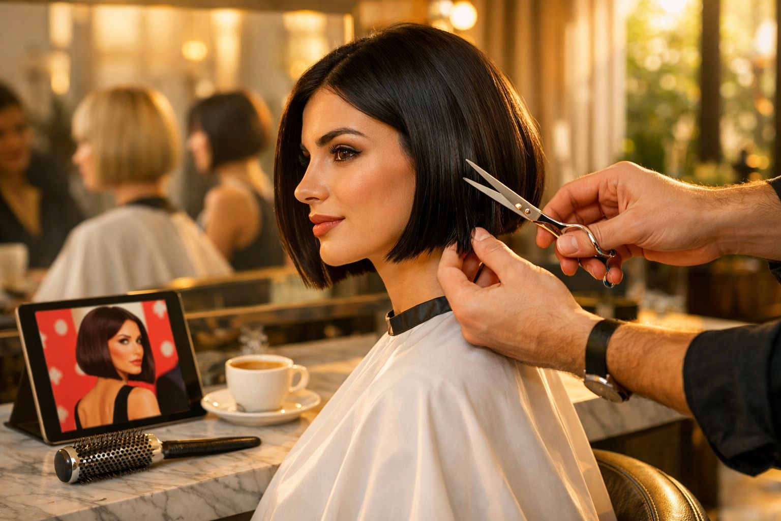 Mulher de cabelo curto recebe corte em salão de beleza, com foto de referência em tablet à frente.