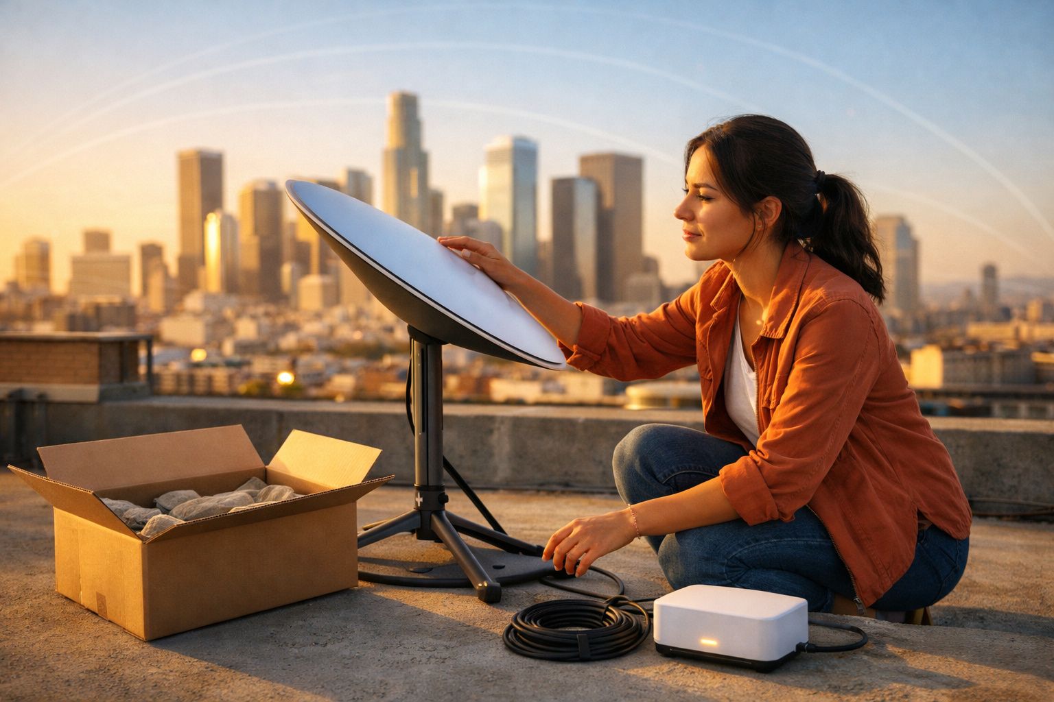 Mulher ajusta antena parabólica em cobertura com cidade ao fundo ao entardecer.