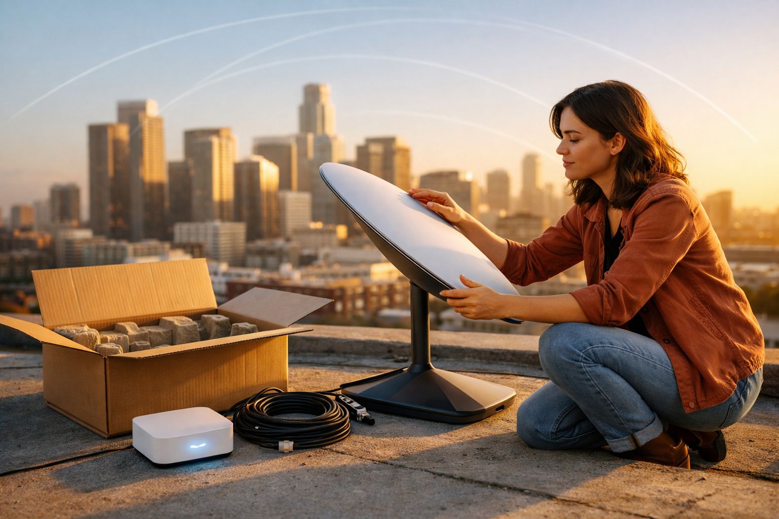 Mulher instala antena parabólica ao ar livre com caixa e cabos, prédio ao fundo ao pôr do sol.