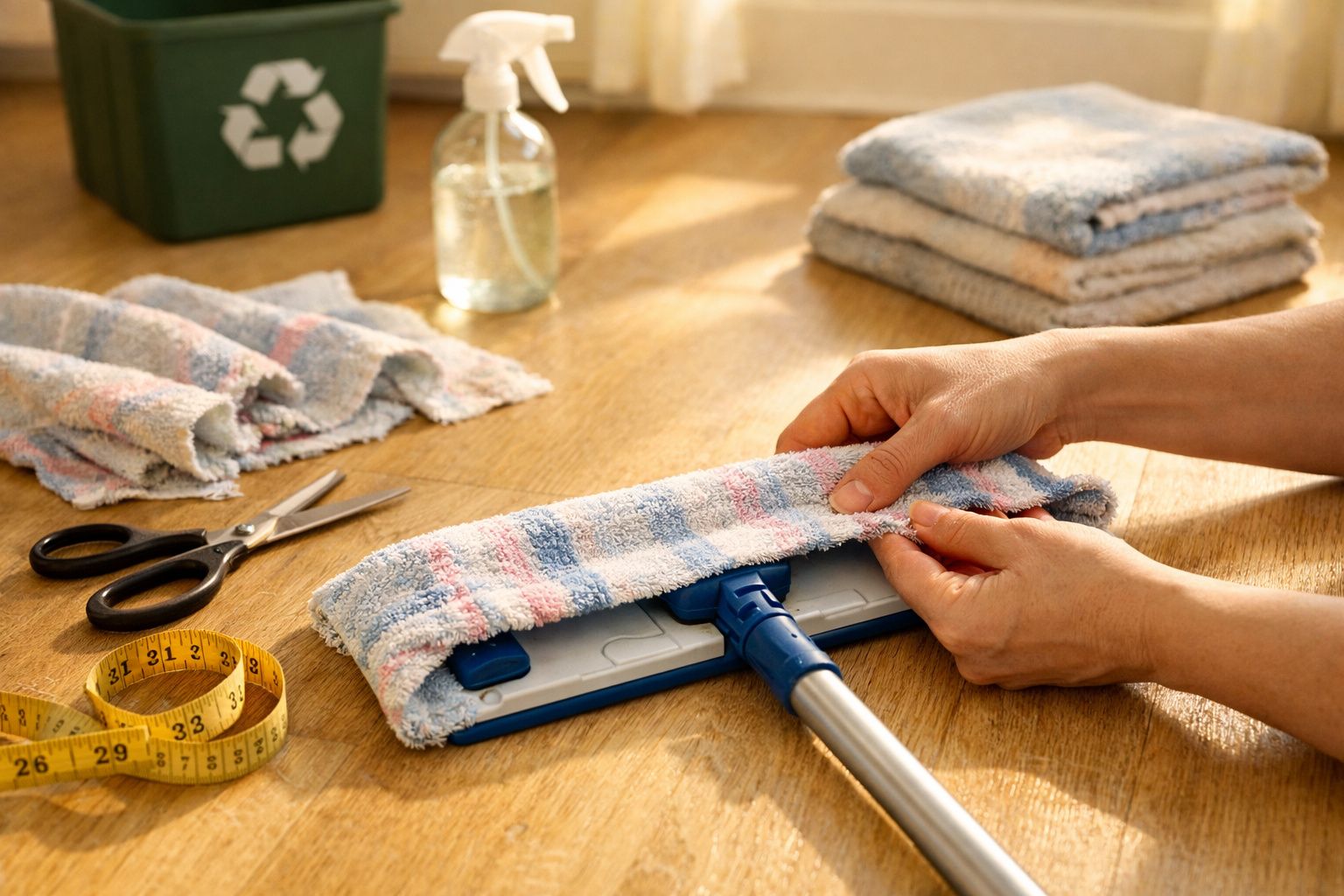 Pessoa colocando pano de limpeza colorido em esfregão sobre piso de madeira com tesoura e fita métrica ao lado.