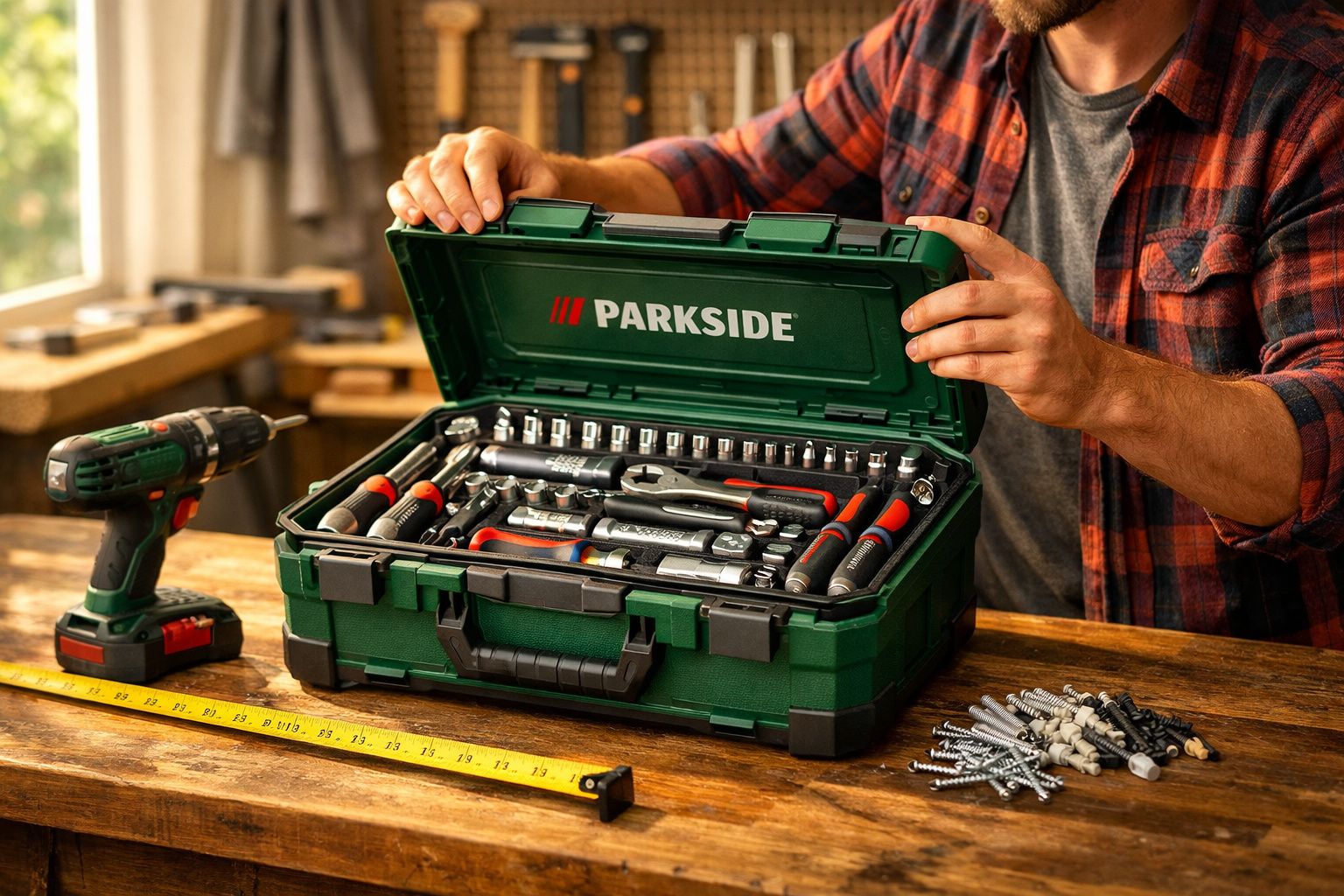 Pessoa abrindo maleta verde com kit completo de ferramentas Parkside sobre bancada de madeira.