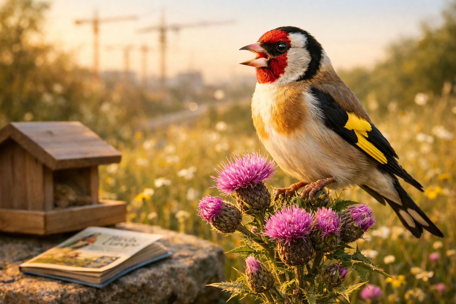 Pássaro colorido pousado em flores roxas com casinha de madeira e livro desfocados ao fundo.