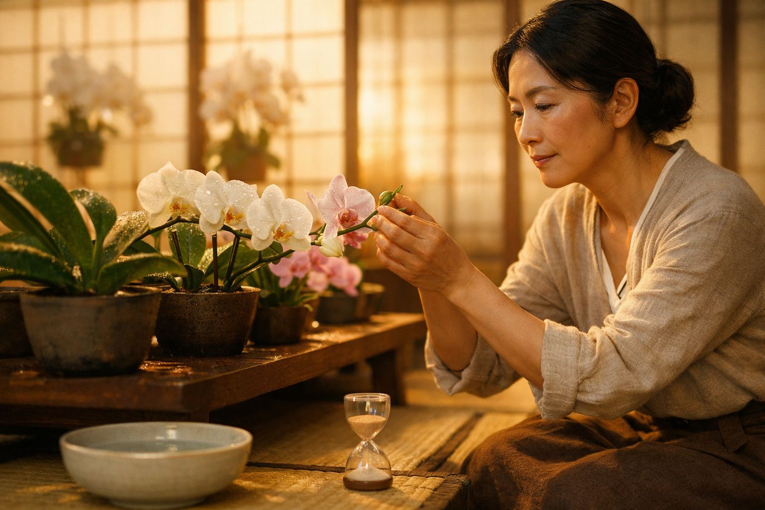 Mulher cuidando de orquídeas brancas e rosas em ambiente interno com luz suave e vaso na mesa.