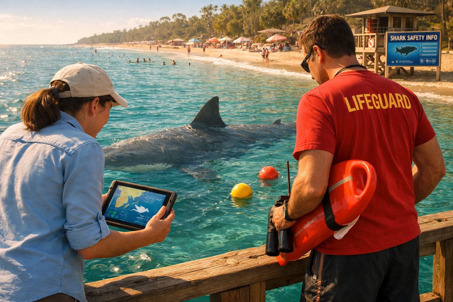 Homem e mulher observam tubarão perto da praia, com salva-vidas segurando equipamento de resgate.