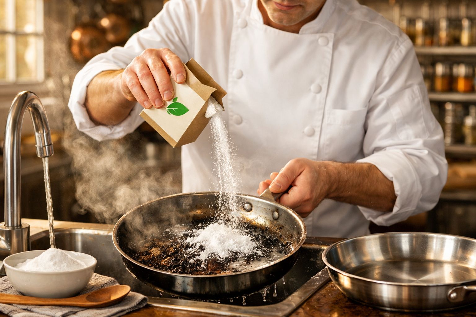 Chef adiciona pó branco para limpar frigideira que libera fumaça na cozinha profissional.