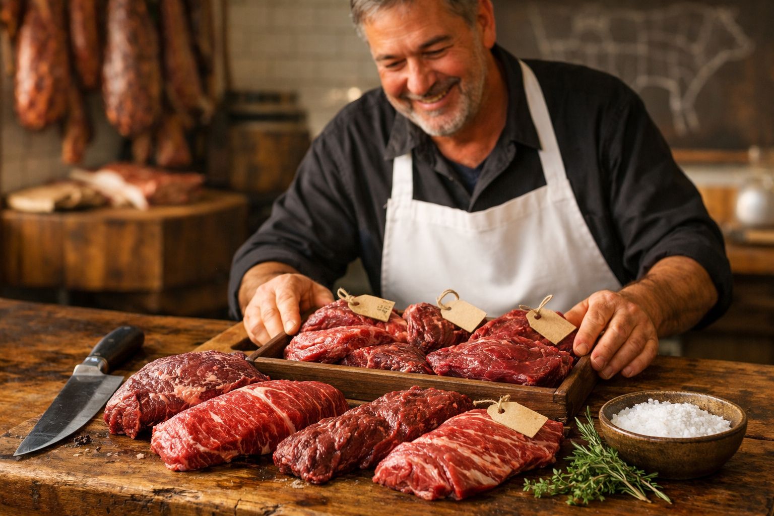 Homem sorridente com avental branco mostrando vários cortes de carne fresca em bandeja de madeira.