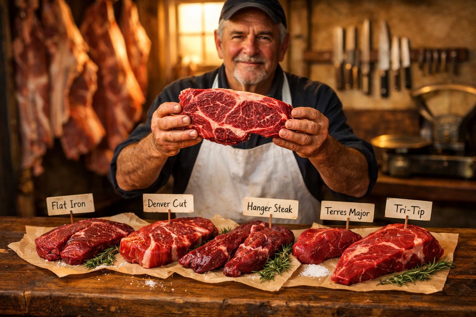 Açougueiro segurando pedaço de carne com diferentes cortes expostos sobre bancada rústica.