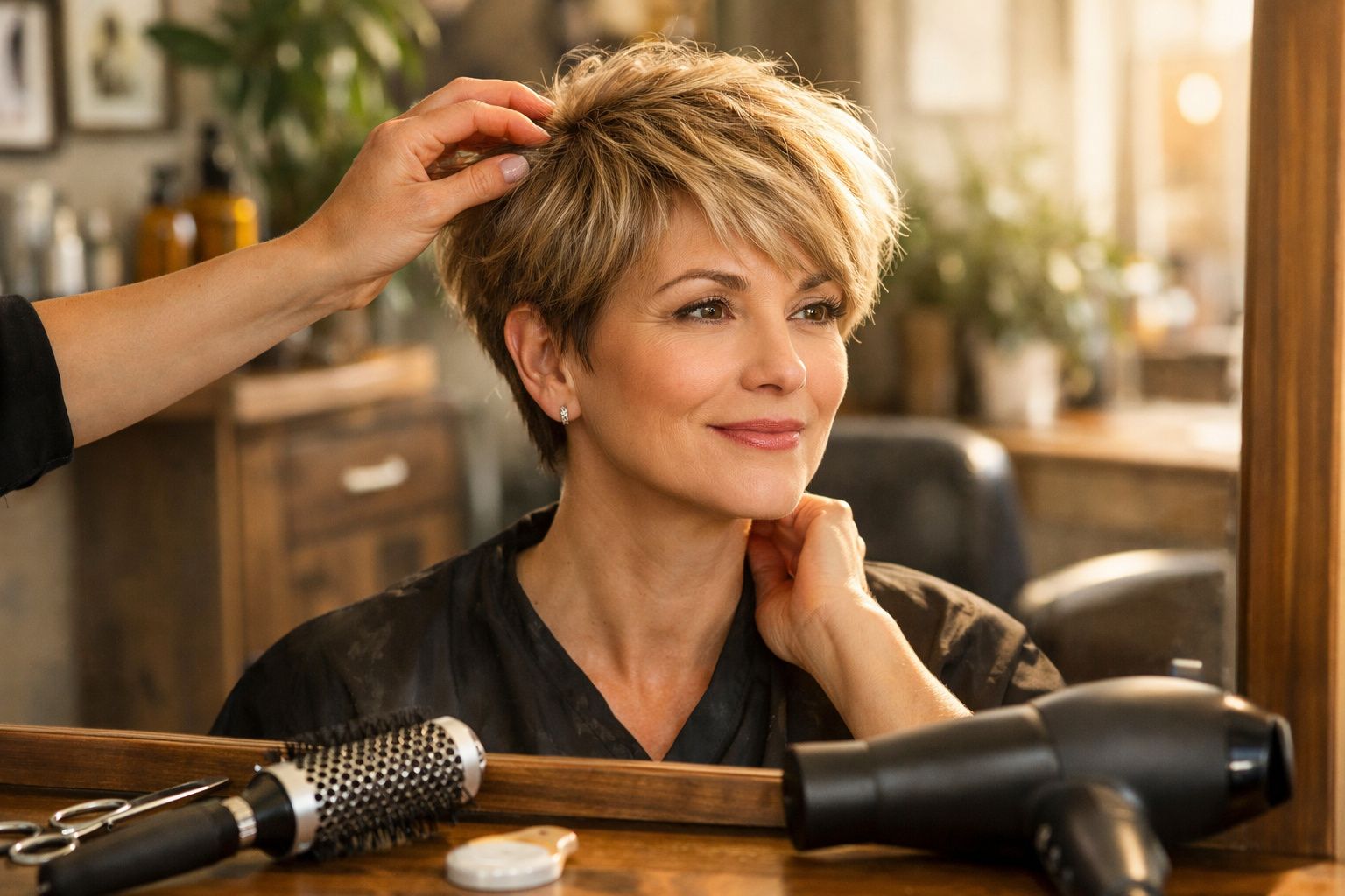 Mulher sorrindo com cabelo curto sendo penteada em salão de beleza, refletida no espelho.