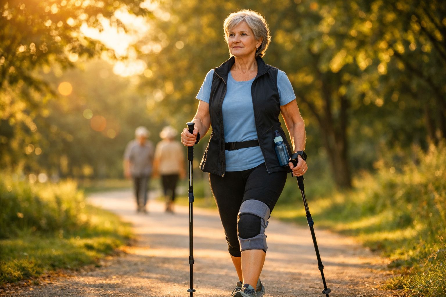 Mulher idosa caminhando com bengalas em trilha ao ar livre ao amanhecer, vestindo roupa esportiva.