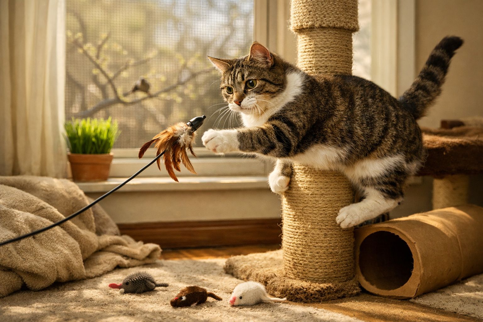 Gato cinza e branco brincando com brinquedo de pena em arranhador dentro de casa iluminada.