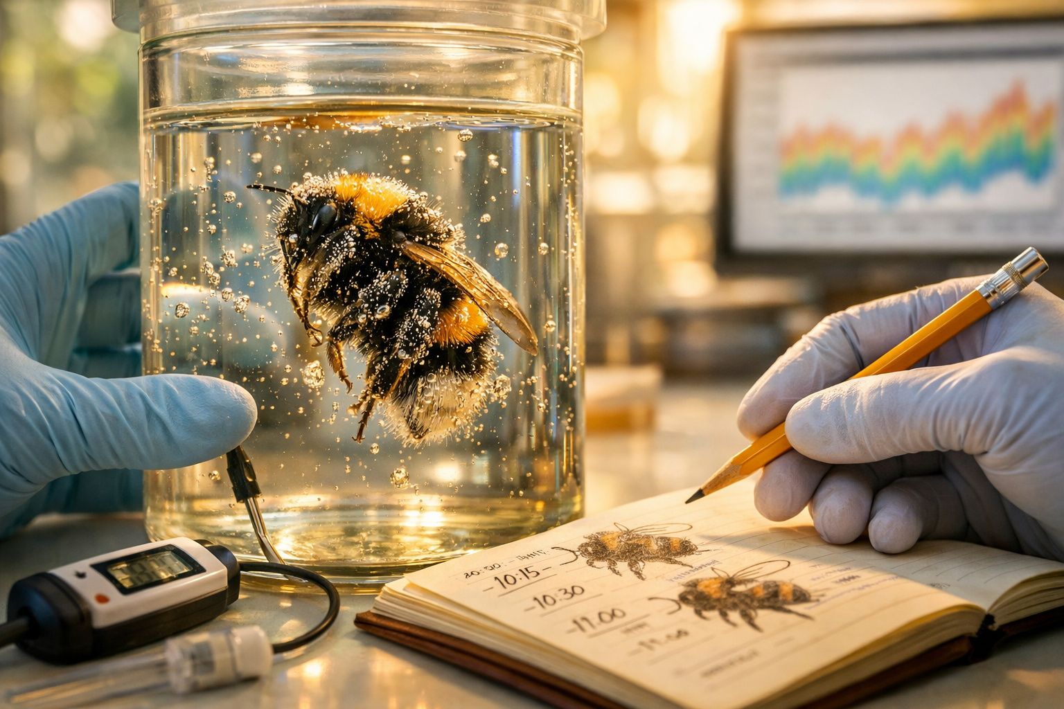 Mãos com luvas seguram frasco com abelha em água e caderno com desenhos de abelhas e anotações científicas.